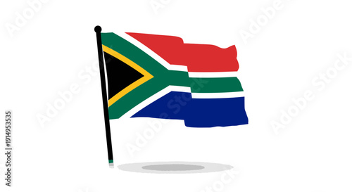 South african flag waving on a small tabletop flagpole against a white background.