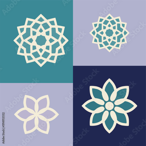 Geometric Flower Designs in Various Colors.