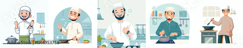 half body vector of a Muslim man cooking a menu for breaking the fast