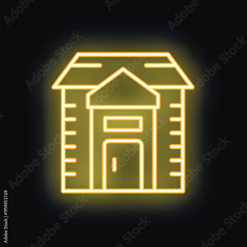 Neon house icon glowing yellow against a dark background, representing concepts like real estate, construction, and homeownership
