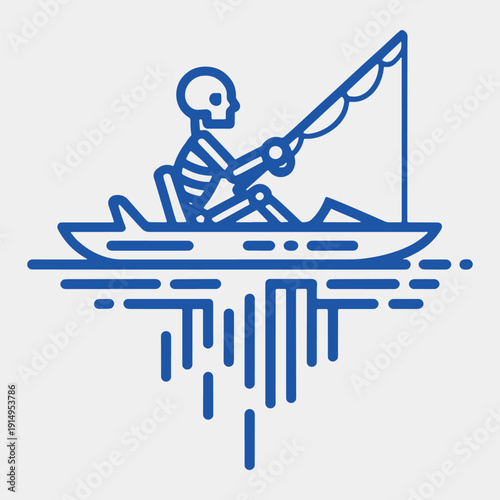 Skeleton fishing in kayak, surreal concept, dark humor, death symbol, outdoor activity, boat on water, blue outline illustration, artistic representation