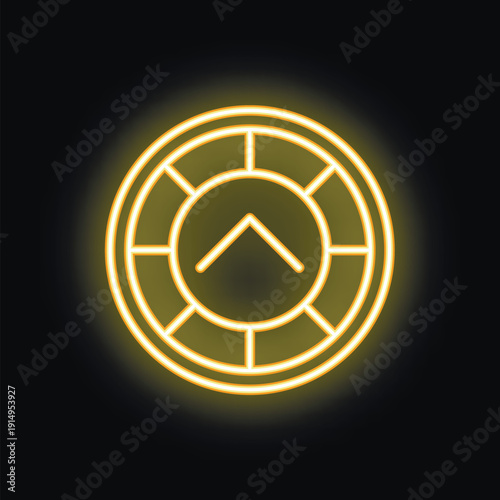 Neon clock glowing yellow illustrating five minutes past twelve with segments around the clock face