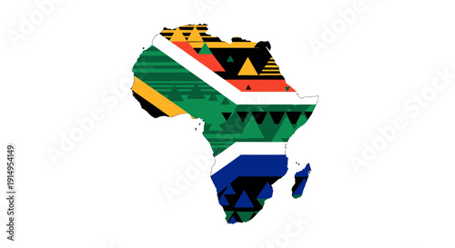 A map of africa with a south african flag design overlay on a white background.