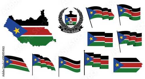 Collection of south sudan flags and map with emblem in a graphic design