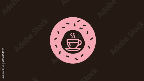 Pink donut graphic with coffee cup detail on a dark brown background. Sprinkles surround the donut