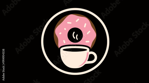 A stylized illustration features a donut with sprinkles above a cup of coffee inside a white circle