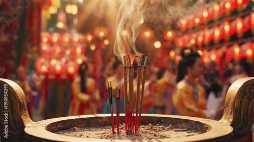 Incense sticks burning at a temple with lanterns in background