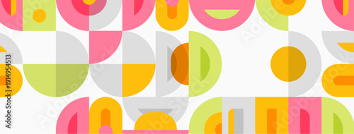 Geometric pattern features overlapping semicircles, circles. Colors include pink, orange, green, gray. Background is white. Simple, modern design.