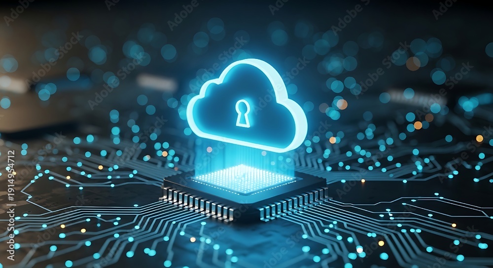 © Albaloshi - symbolizing data sovereignty and code compliance,Glowing cloud with padlock hovering above circuit board representation of cloud security and data encryption, showing a glowing cloud