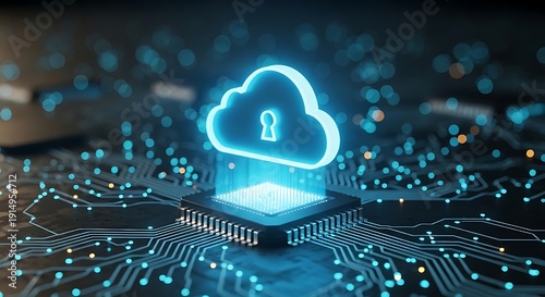 symbolizing data sovereignty and code compliance,Glowing cloud with padlock hovering above circuit board representation of cloud security and data encryption, showing a glowing cloud