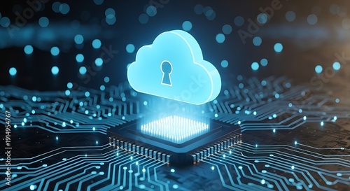 symbolizing data sovereignty and code compliance,Glowing cloud with padlock hovering above circuit board representation of cloud security and data encryption, showing a glowing cloud