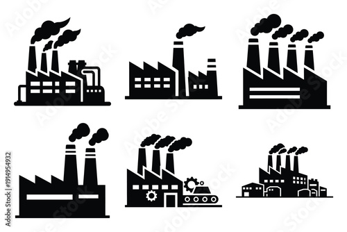 Popular silhouette icons of  factory industry on white background.