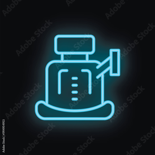 Blue glowing neon icon of car seat with heating system for driver comfort and warmth