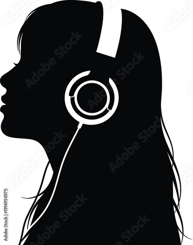 Woman's profile silhouette wearing large over-ear headphones listening to.