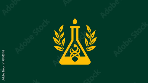 A golden science beaker with a droplet and a stylized internal pattern, flanked by olive branches on a green backdrop