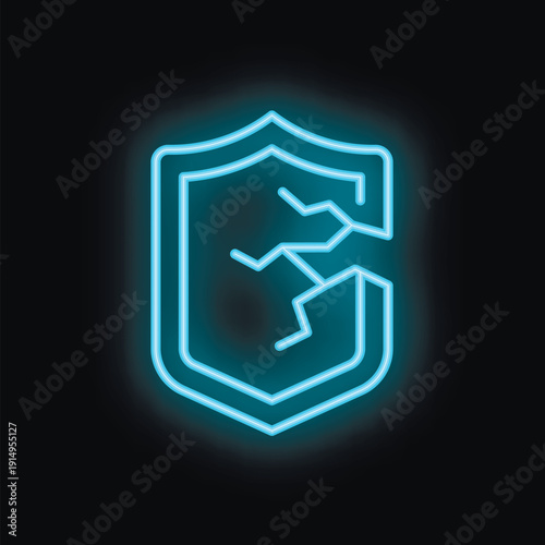 Blue neon icon of a broken shield is glowing on a dark background, representing a cyber security threat