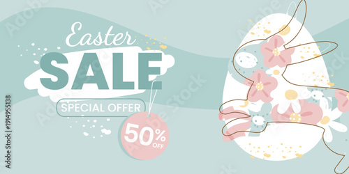 Easter Sale horizontal banner with cute spring bunny and colorful eggs. Vector illustration for web, poster, ads and coupons