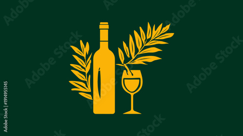 A golden silhouette of a wine bottle, glass, and foliage against a dark green backdrop