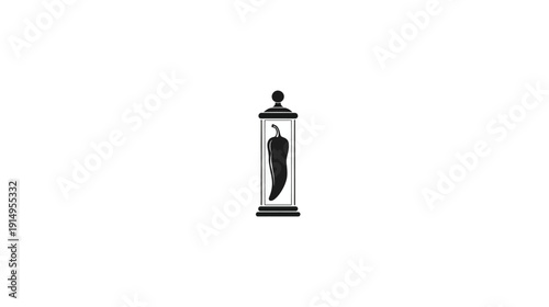 A monochrome illustration of a chili pepper encased in a glass jar with a decorative top and base