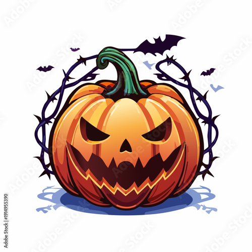 Halloween pumpkin with menacing face surrounded by bats and thorns.