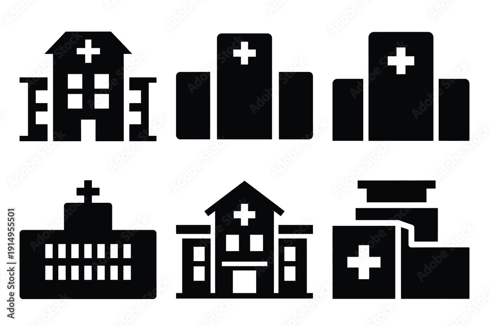 Obraz premium Popular silhouette icons of hospital building on white background.