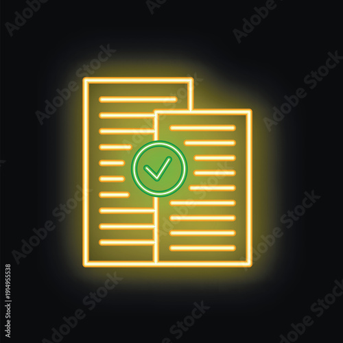 Glowing neon icon representing successful document verification, contract agreement, or online form submission