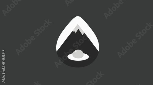 Stylized grayscale illustration of mountains and a sphere within a teardrop shape