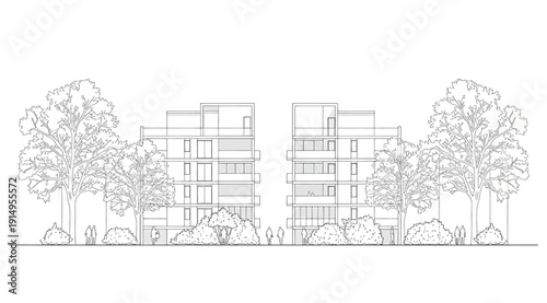 Architectural drawing of a modern building with trees