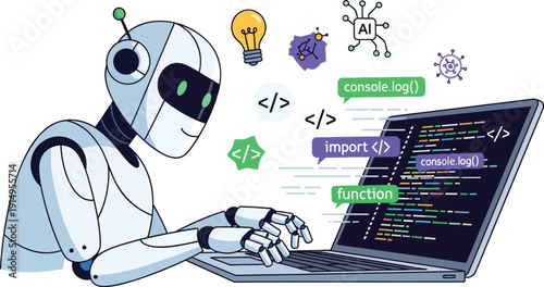 Creative robot engaging with programming and innovative technology concepts on a laptop.