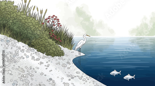 A serene lake scene with a bird and fish