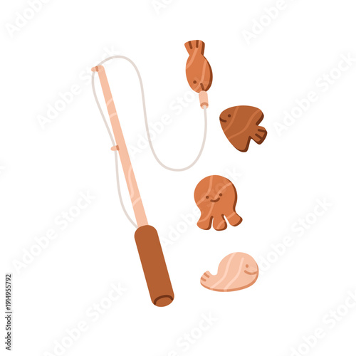 Fishing rod and wooden animal shapes, kids toy. Wooden Montessori game for nu...