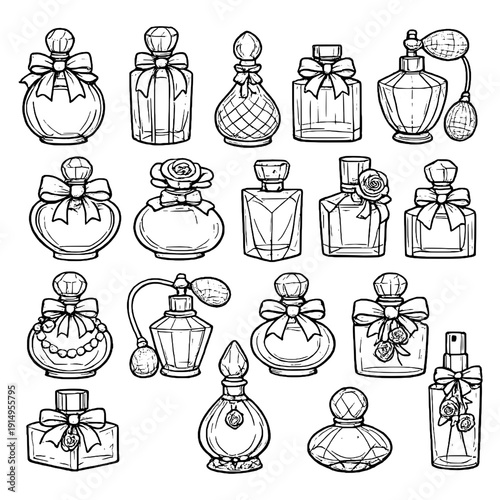 A collection of hand-drawn perfume bottles in elegant shapes with bows, flowers, pearls, and vintage atomizers. Detailed black-and-white sketch style ideal for beauty, fashion, and cosmetic themes.