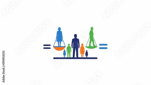 Diverse people standing on scales balancing.