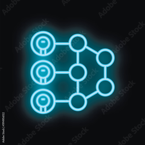 Blue neon icon of a hierarchical network structure on a black background