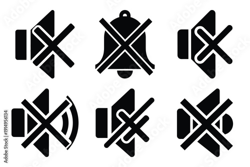 Popular silhouette icons of  mute sound on white background.