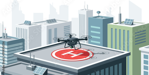 Drone delivering package on rooftop in an urban environment
