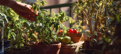 The tomato plants on a sunlit balcony being gently tended by caring hands