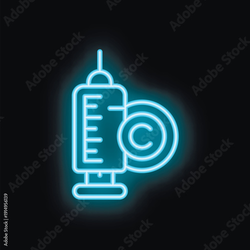 Neon blue syringe icon is glowing with a copyright symbol, representing intellectual property in the medical field