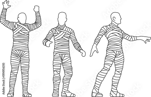 Mummy character, bandaged man, various poses, monster, symbol, editable stroke, horror, vector, illustration