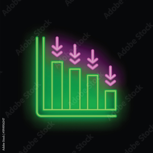 Neon chart illustrating a financial crisis with decreasing bars and downward arrows