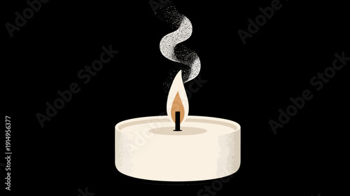 A small lit candle, with a warm flame and swirling smoke on a dark background