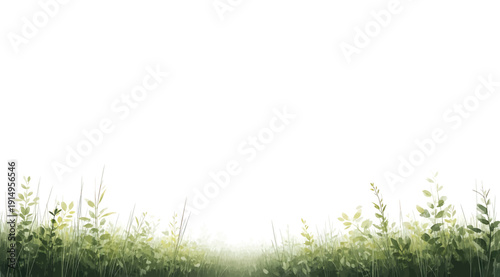A serene landscape of green grass and plants against a white background