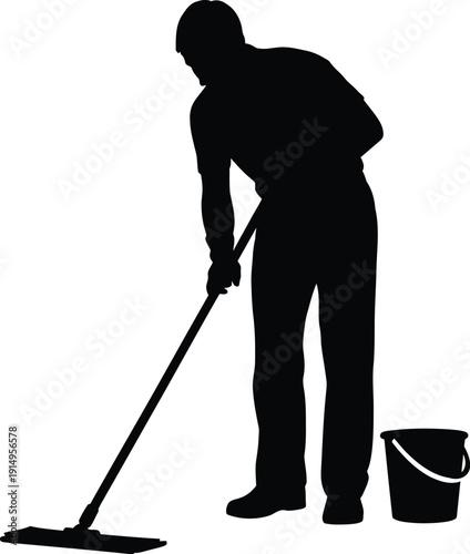 Cleaner silhouette mops floor near bucket demonstrating professional.