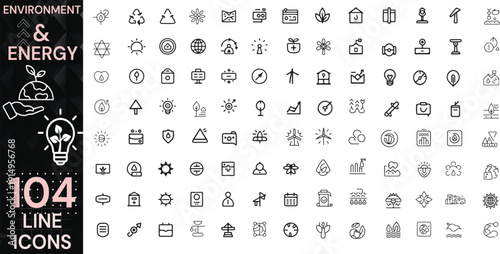 Environment & Energy Line Vector Icon Set – Climate Technology, Smart Sustainability Systems and Clean Power Innovation Collection Green energy of renewable energy, wind energy and more...