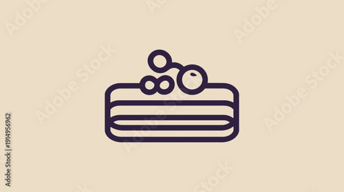 A minimalist cake design on a cream background, dark blue outlines and a simple cherry element