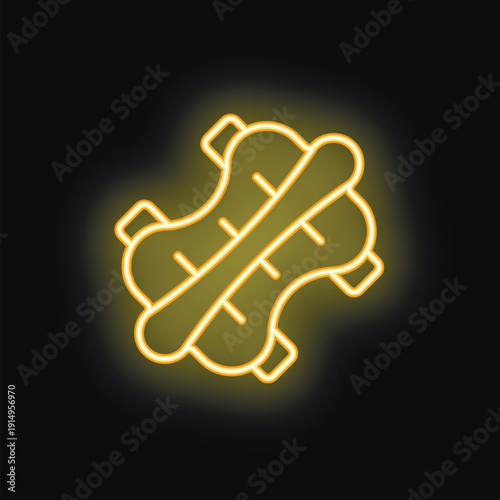 Neon yellow sanitary pad icon glowing on black background, feminine hygiene concept