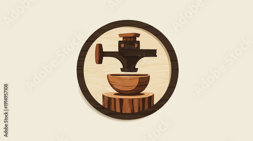 A wooden illustration of a bowl and hammer in a circle, on a light beige background