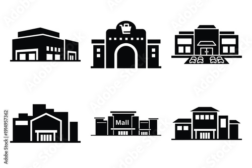 Popular silhouette icons of  shopping mall on white background.
