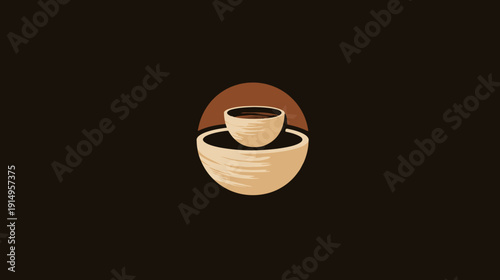 Minimalist logo features two stacked bowls with a brown circle background on a dark brown field