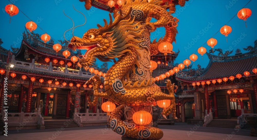 Fototapeta premium Majestic Golden Dragon Sculpture Surrounded by Festive Lanterns